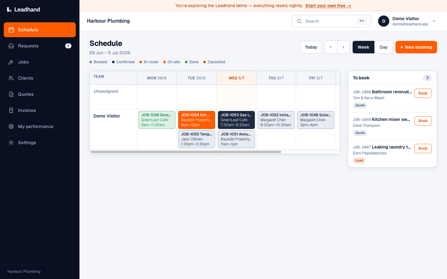 The Leadhand scheduling board showing the week's jobs colour-coded by status, with a to-book list on the right.